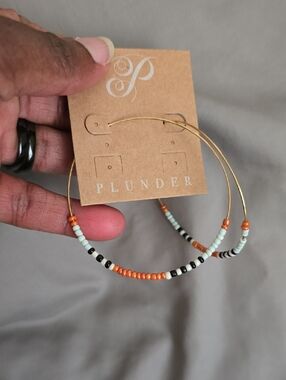 Plunder Gold Hoop Earrings with Orange, Black & Mint Beads